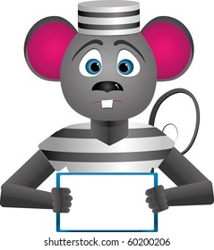 Mouse prisoner character hold in his hands a message-bord for text, vector illustration
