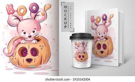 Mouse in pumpkin - poster and merchandising. Vector eps 10