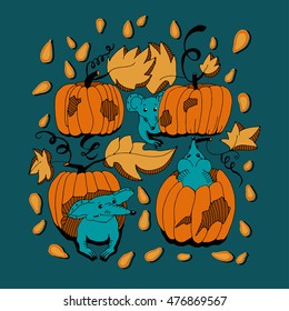Mouse and Pumpkin vector illustration. Halloween pumpkin holiday card.