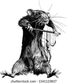 mouse puppeteer stands tall and holds a wooden doll with strings, sketch vector graphics monochrome illustration on white background
