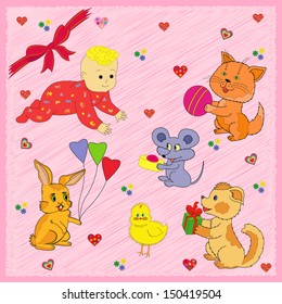 Mouse, Rabbit, Kitten, Puppy and Chicken are greeting a Baby Happy Birthday. Hand drawing greeting card vector illustration