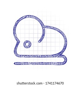 Mouse or rat, animal, outline design. Hand drawn sketched picture with scribble fill. Blue ink. Doodle on white background