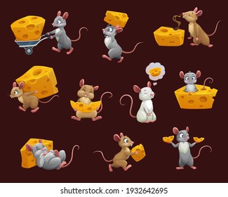 Mouse and rat with cheese cartoon characters. Vector rodent animals with cute faces, funny brown, grey and white mice eating and carrying, sleeping and dreaming, stealing and hiding cheese food svg