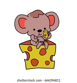 Mouse or rat with cheese. Cartoon illustration, funny mouse eats cheese.