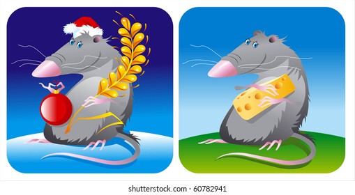 The mouse (rat) with a cheese piece on a summer background or with an ear  on a winter background with a hat of Santa and a smile. All objects are grouped and easily edited.Vector