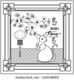 Mouse, rat. Coloring page for the adult coloring book. Chinese New Year symbols. Year of the rat 2020. Chinese hieroglyphs with translations. Outline hand drawing vector illustration..