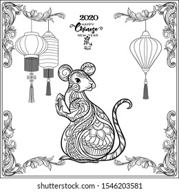 Mouse, rat. Coloring page for the adult coloring book. Chinese New Year symbols. Year of the rat 2020. Chinese hieroglyphs with translations. Outline hand drawing vector illustration..