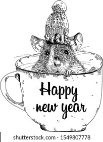 Mouse, rat in a cup. New Year vector.