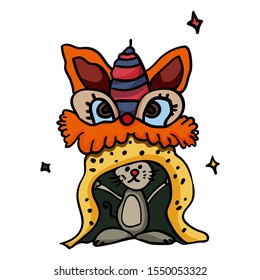 Mouse or rat dancing in a lion costume. Chinese New Year illustration in cartoon style 