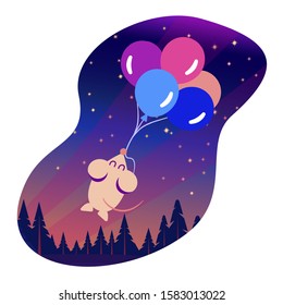 Mouse or rat flying with balloons in starry sky over the forest. Cute animal and colorful balloons soaring at night. Concept of freedom. Follow your dream concept. Greeting card.