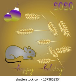 Mouse, rat, grain spikelets, hanging balls, calligraphic inscription 2020.Happy new year greeting card.For your business: postcards, calendars, printing, book illustration, textiles.Vector 