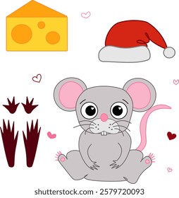 a mouse rat grey graphic line vector illustration set. Cute animal with cheese, santa hat and footstep isolated. Chinese lunar new year, lantern festival mascot 2032
