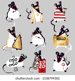 Mouse, Rat horoscope sign. 2020 Mouse Happy New Year template badge, insignia. Chinese year of White Rat 2020. Vector illustration.
