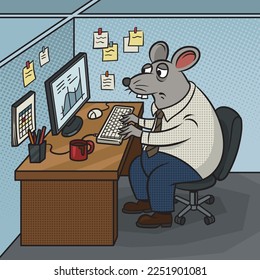 Mouse rat office worker metaphor pinup pop art retro vector illustration. Comic book style imitation.