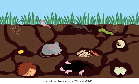 Mouse and rat on the ground. Vector illustration in cartoon style.