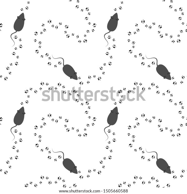 Mouse, rat paw prints minimalistic\
seamless pattern. Black and white vector\
illustration.