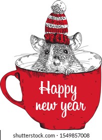 Mouse, rat in red cup. New Year vector