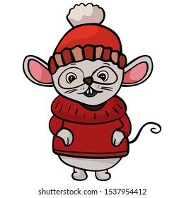 Mouse or rat in a red sweater and hat. Cartoon style, Vector illustration