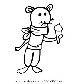 A Mouse or Rat in a Scarf is holds ice cream. Illustration in cartoon vector style, coloring page  kids