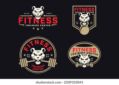 rato, rato, musaranho com barra de poder, barbell e kettlebell emblema coleção de design de logotipo para fitness, ginásio, musculação, clube de levantamento de peso  