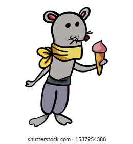 A Mouse or Rat in a Yellow Scarf is holds ice cream. Illustration in cartoon vector style