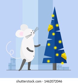 
The mouse reaches for the cheese on the festive New Year tree. Cozy Christmas card with the symbol of 2020 new year. Astrological symbol Chinese calendar. Vector illustration.