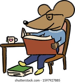 mouse reading a book while sitting and drinking tea