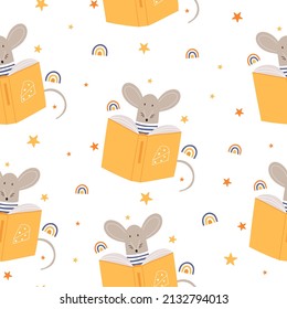 Mouse reading books, seamless pattern. Book store or library with literature for kids. National Book Lovers Day. Cartoon vector background. 