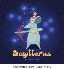 A mouse with a red bow and a yellow arrow pulls a bowstring, aiming at the target. Vector illustration. Handwork. Background - a dark blue starry sky with the constellation  Sagittarius.