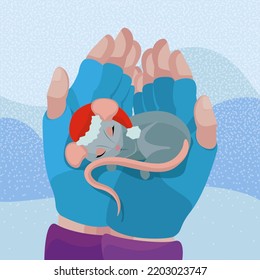 Un ratón con un sombrero de Navidad roja duerme en manos de una persona, ilustración vectorial. Ilustración de Año Nuevo, cartel de feriado