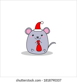 Mouse in red Santa's hat in kawaii style. Christmas and New Year card, handmade scetch. Idea for invitation, card, party. Symbol of 2020 year.Vector icon.