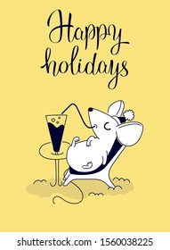 Mouse resting in a deck chair, color greeting card for your design, vector illustration