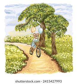 Mouse rides a bicycle. Fairy tale cartoon. Color, graphic, hand-drawn cartoon of on a nature background.