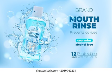 Mouse rinse or mouthwash bottle with water splash swirls. Dental oral care hygiene product promo banner with 3d realistic vector mouthwash plastic bottle, mouse rinse liquid droplets and bubbles