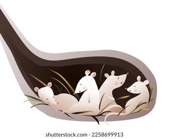 Familia de ratones o roedores durmiendo o hibernando en una cueva o madriguera. Ilustración del hábitat animal del ratón para niños. Caricatura de una casa de animales para niños, dentro del agujero de roedor. Dibujo de vectores para niños.