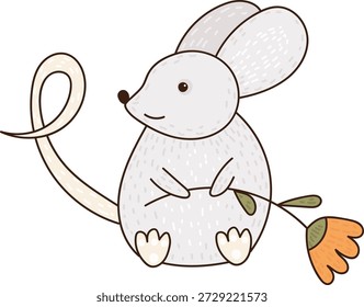 Ratón con cuerpo redondo, rizo largo de la cola y oreja grande se sienta sosteniendo una flor caída con hojas. Símbolo de bondad, gratitud y afecto por los niños y los temas de la guardería. Ilustración vectorial de dibujos animados.