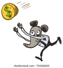 The mouse runs after the cheese. Vector illustration