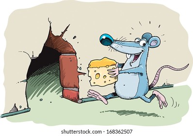 Mouse runs into the hole with cheese.