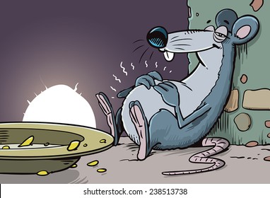 Mouse runs into the hole with cheese.