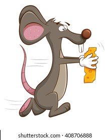 Mouse runs off with  piece of cheese in his hands.