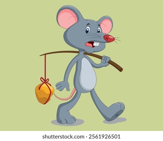 A mouse with a sad face going to bring a slice of cheese vector illustration