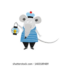 Mouse - a sailor in a vest with a lantern. Nautical hand drawn vector illustration for kids. Cute animals. Cartoon flat marine background. Pencil texture. Childish drawing. Funny rat.
