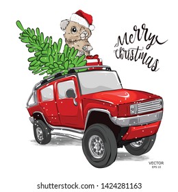 Mouse in Santa hat behind the wheel of a car. Christmas card. Symbol of the year 2019. Vector illustration