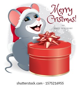 Mouse in Santa hat with a gift box with a red bow. Poster for Christmas and New Year of the rat on the Chinese calendar. Against the background of falling snowflakes and winter forest. Vector.