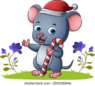 The mouse with santa hat is holding the candy stick of illustration