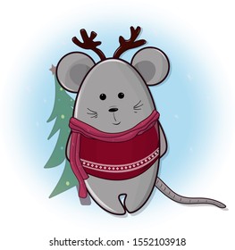 mouse with a scarf and deer horns for the New Year
