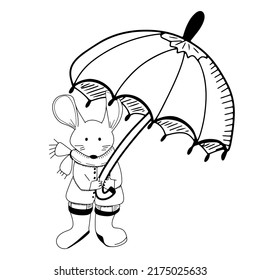 Mouse in scarf, rubber boots with umbrella. Doodle vector illustration for coloring page, print
