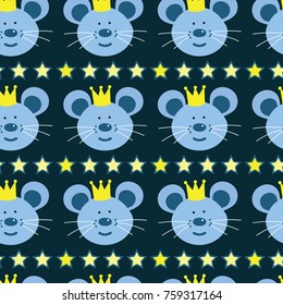 Mouse seamless pattern with little mice wearing crowns on a blue background for textile, wrapping paper, Wallpaper