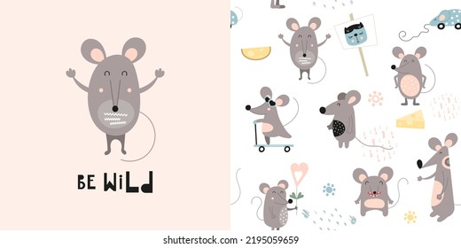 Mouse seamless pattern and print. Greeting card and wrapping paper set. T-shirt print and kids fabric design. Vector illustration