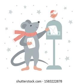 The mouse sends a letter. Christmas mood. Vector illustration.